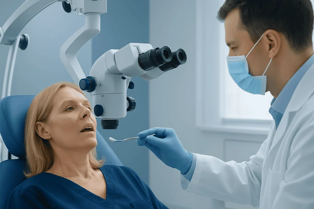 Dentist examining patient's mouth with microscope in clinic.