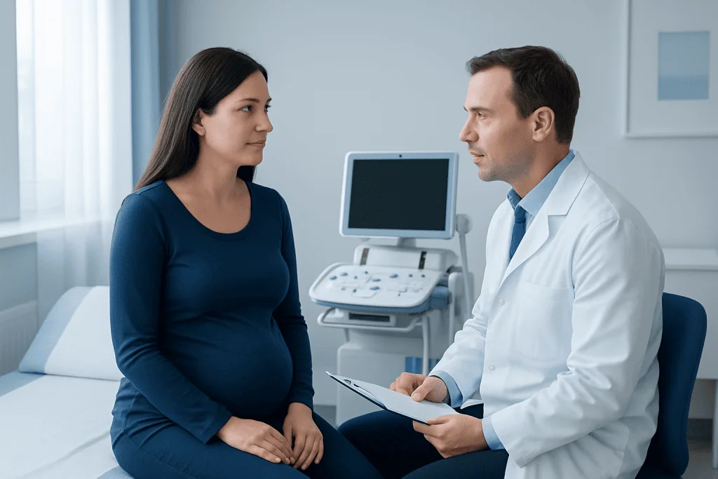 Pregnant woman consulting with a doctor in a hospital room.