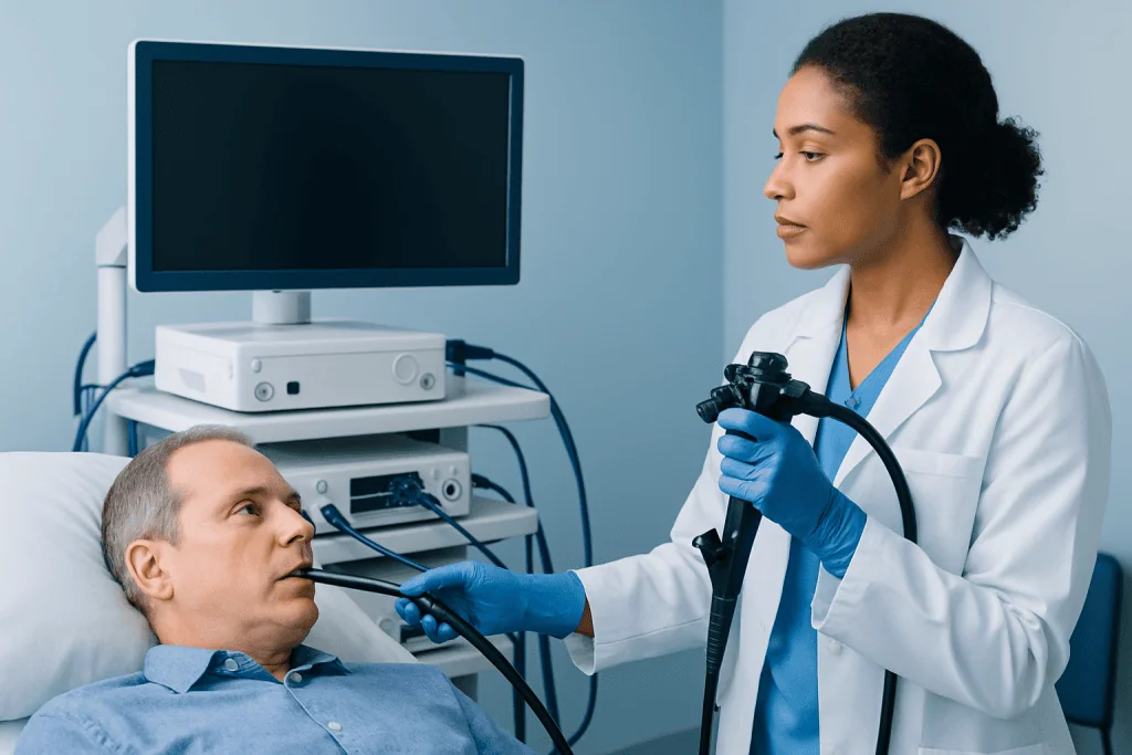 Endoscopy procedure for esophagus cancer diagnosis in a hospital setting.