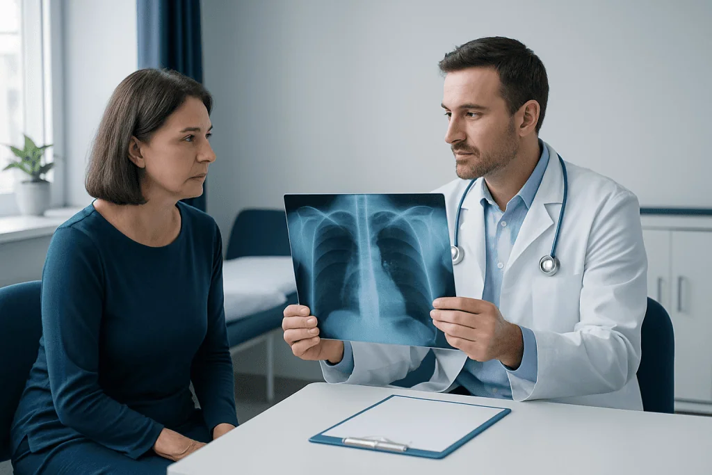 Doctor showing chest X-ray to a patient in a medical consultation room.