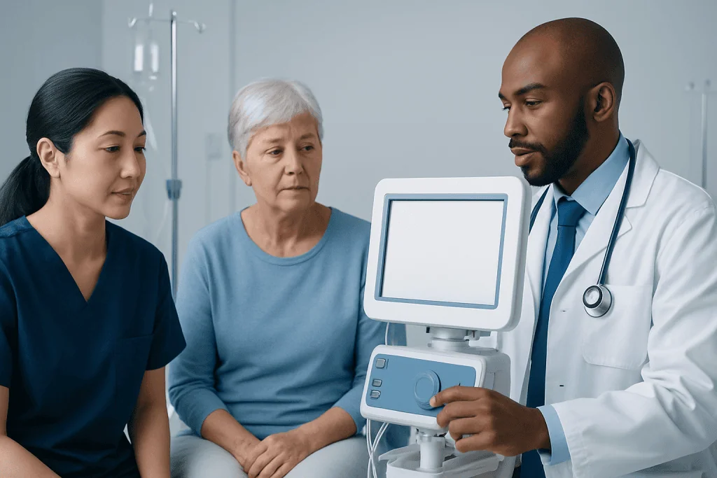 Doctor explaining medical results to a patient with two nurses in a hospital room.