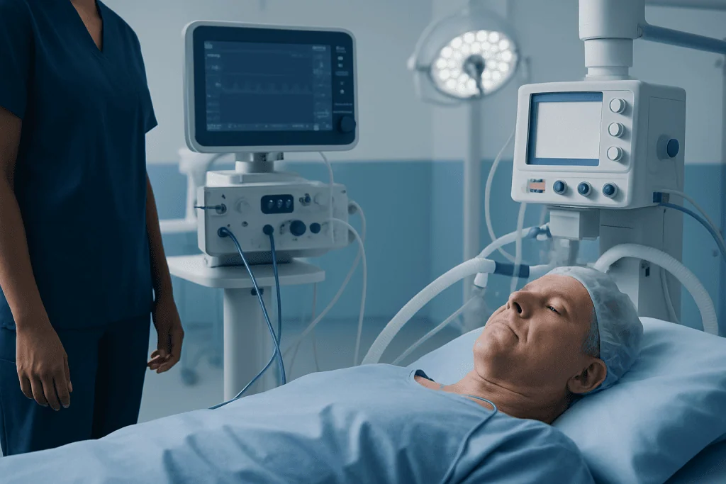 Patient undergoing anesthesia before surgery in a hospital operating room.