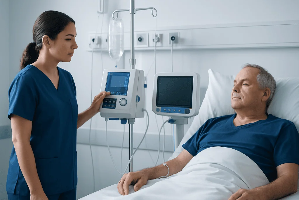 Hospital nurse monitoring patient with medical equipment in hospital room.