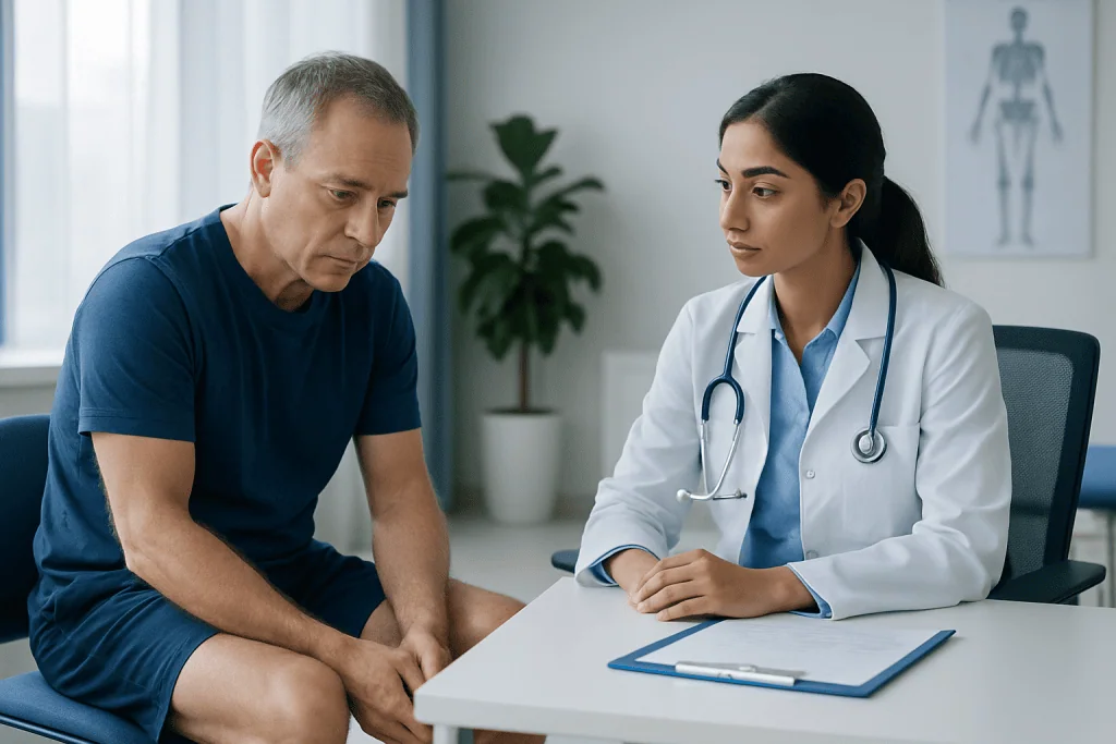Doctor consulting with a patient about calf muscle cramps treatment.