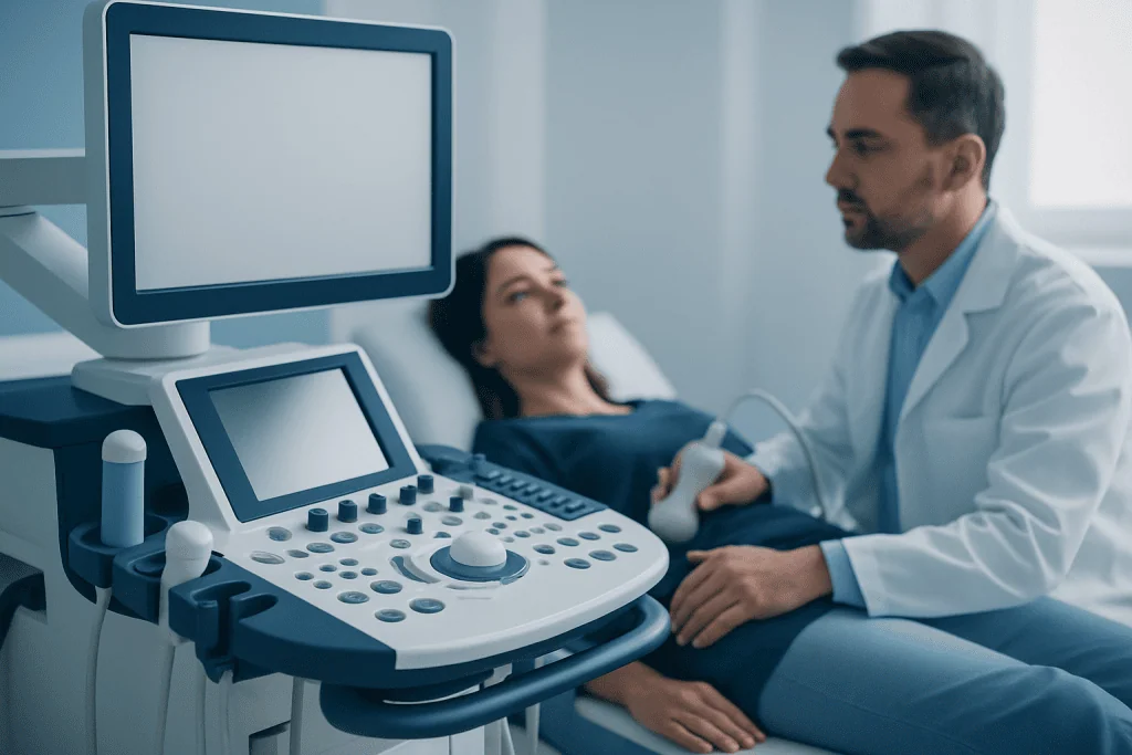 Doctor performing ultrasound examination on patient in hospital setting.