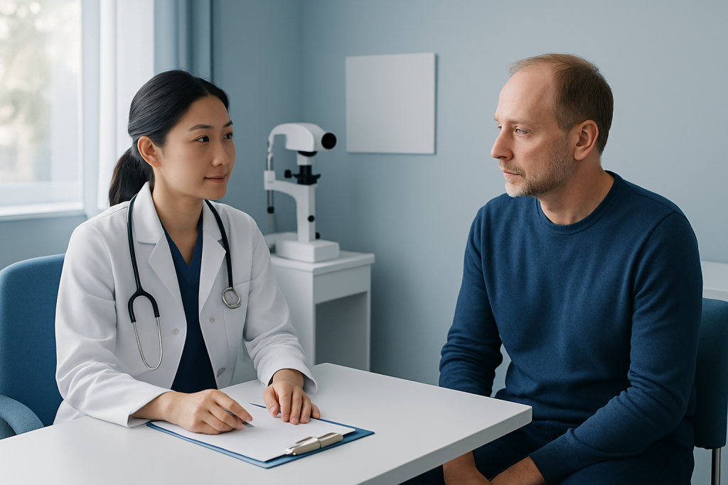 Doctor consulting with patient in a medical office setting.