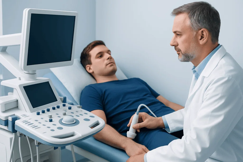 Doctor performs testicular ultrasound on patient in clinic.