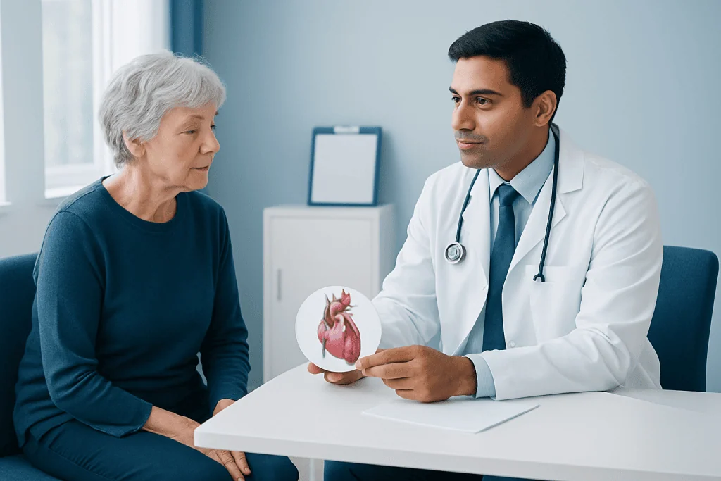 Cardiologist explaining a heart model to an elderly woman in a medical consultation.