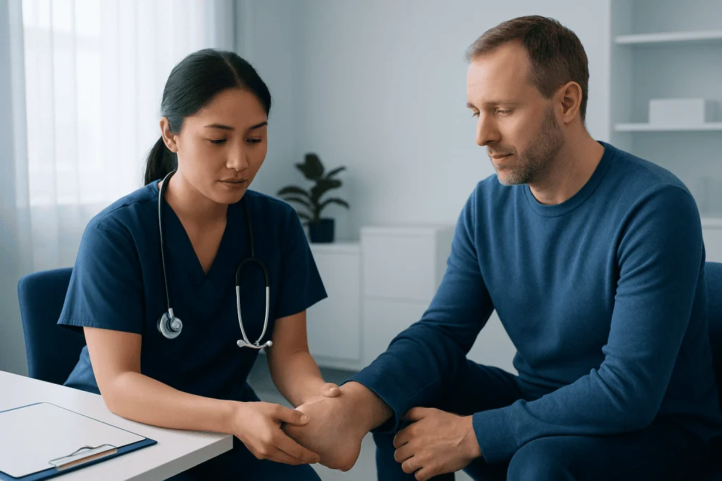 Doctor examining patient's ankle for pain or injury.