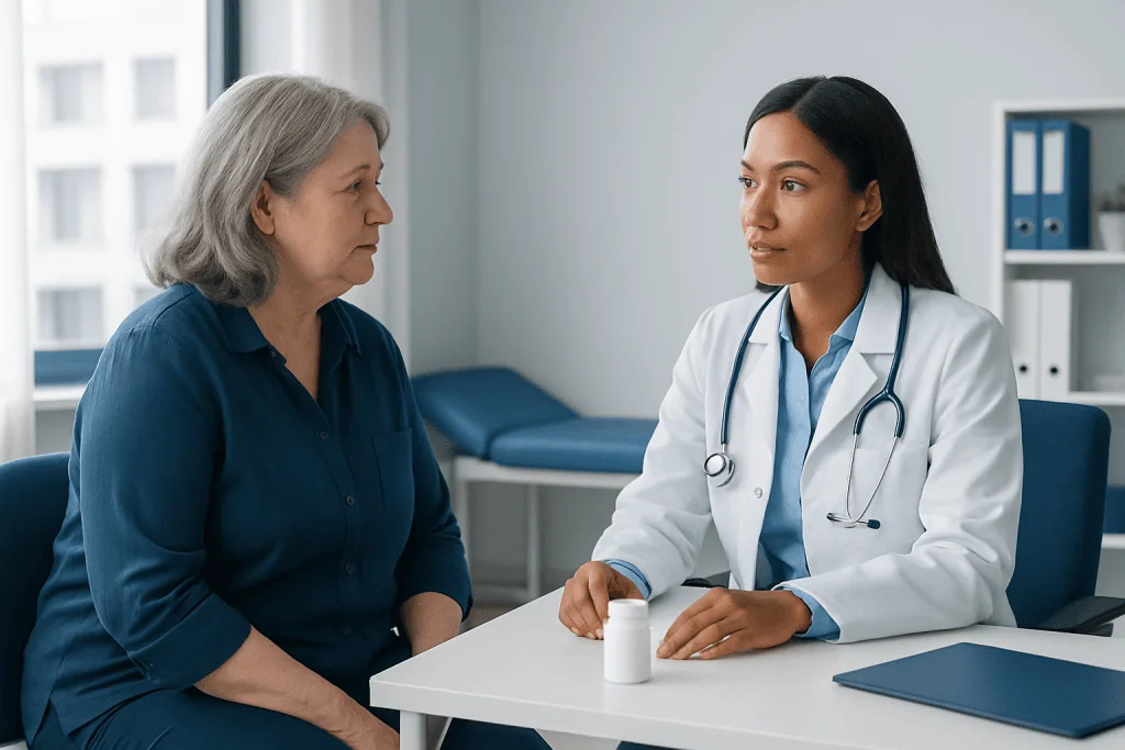 Doctor consulting with an elderly female patient in a medical office.