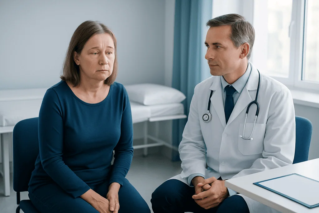 Doctor consulting with a woman patient in a medical office.