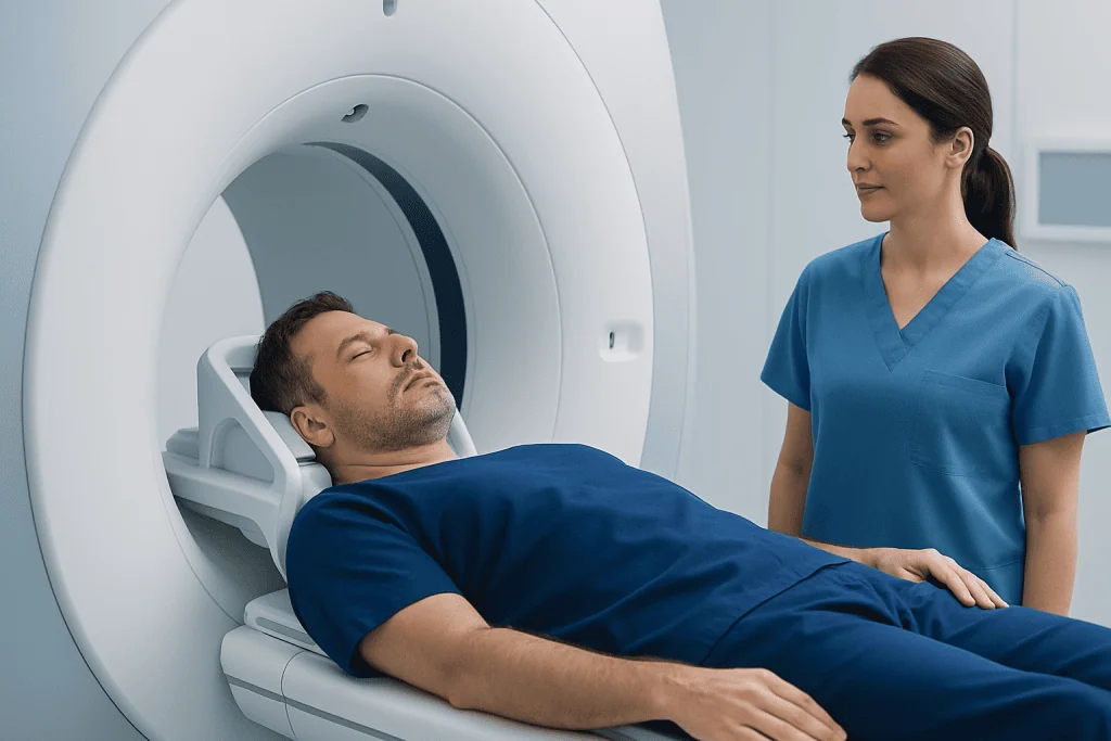 Patient undergoing cerebral MRI scan in a hospital setting.