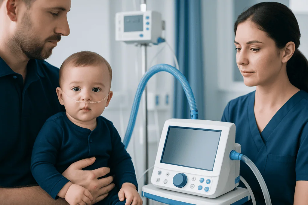 Pediatric patient with nasal oxygen tube receiving care in hospital.