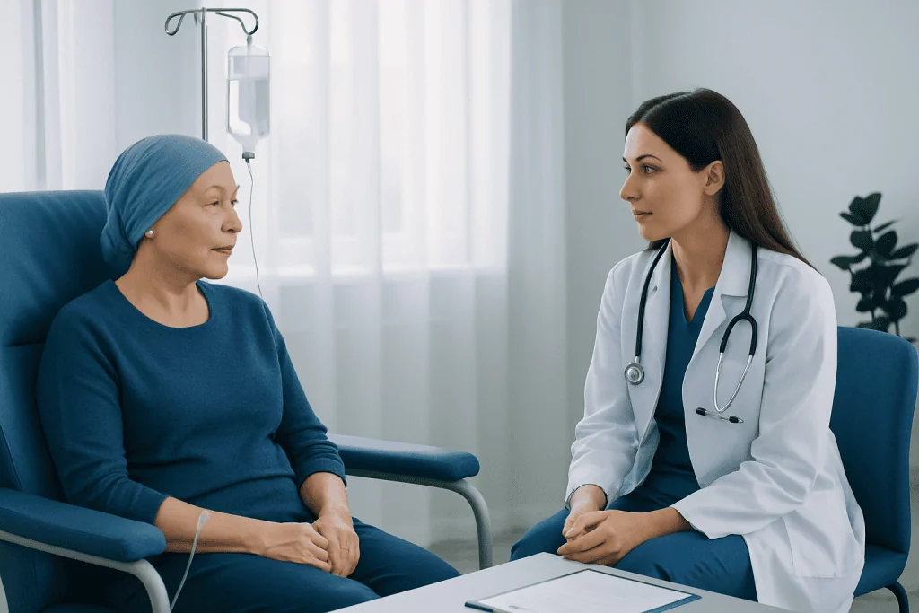 Oncologist consulting with a patient in a hospital room.