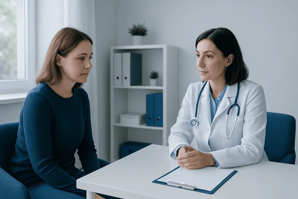 Doctor consulting with a young female patient in a medical office.