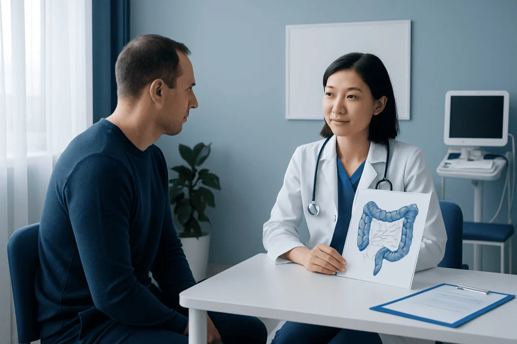Doctor explains colon health to patient with colon model in clinic.