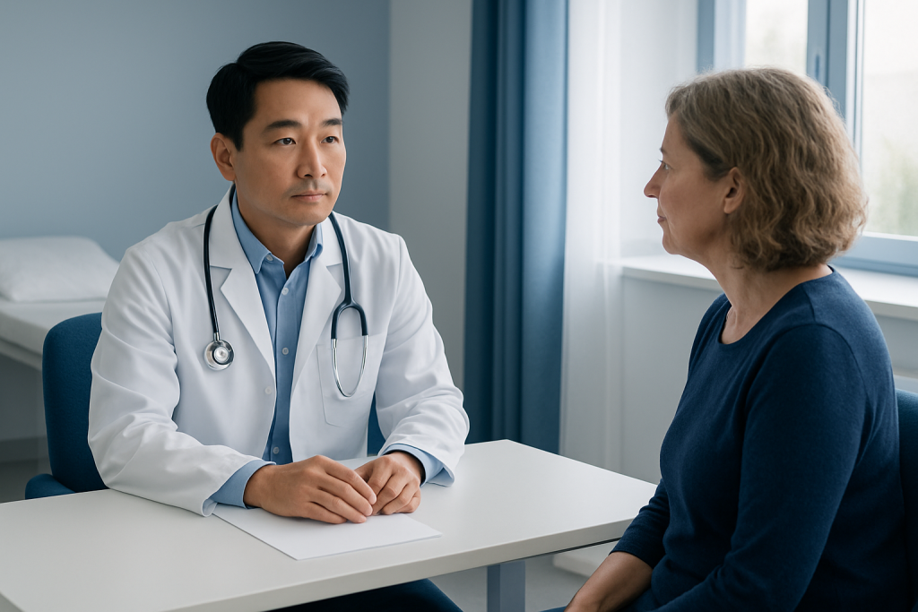 Doctor consulting with a female patient in a medical office.