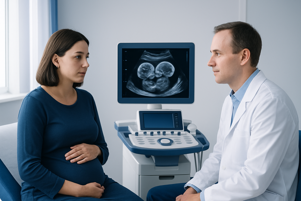 Doctor explaining ultrasound results to pregnant woman in clinic.