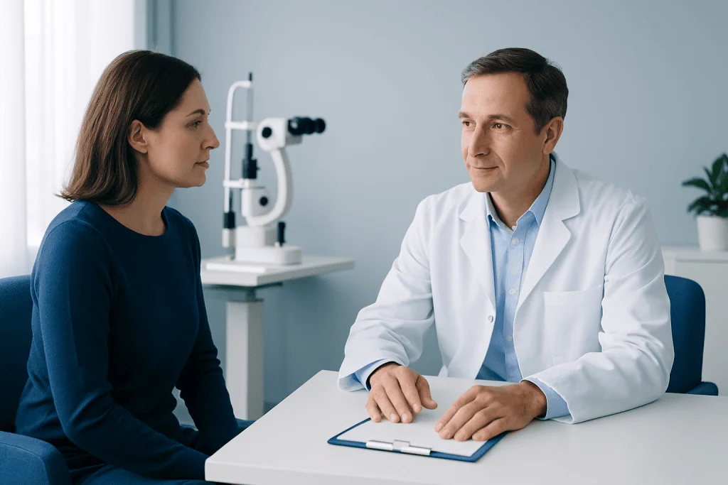 Doctor consulting with patient in a clinical setting at Acibadem Hospitals.