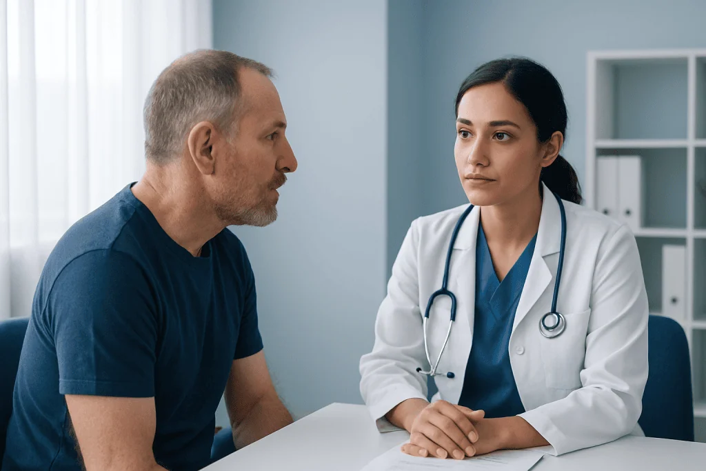 Doctor consulting with a male patient in a medical office setting.