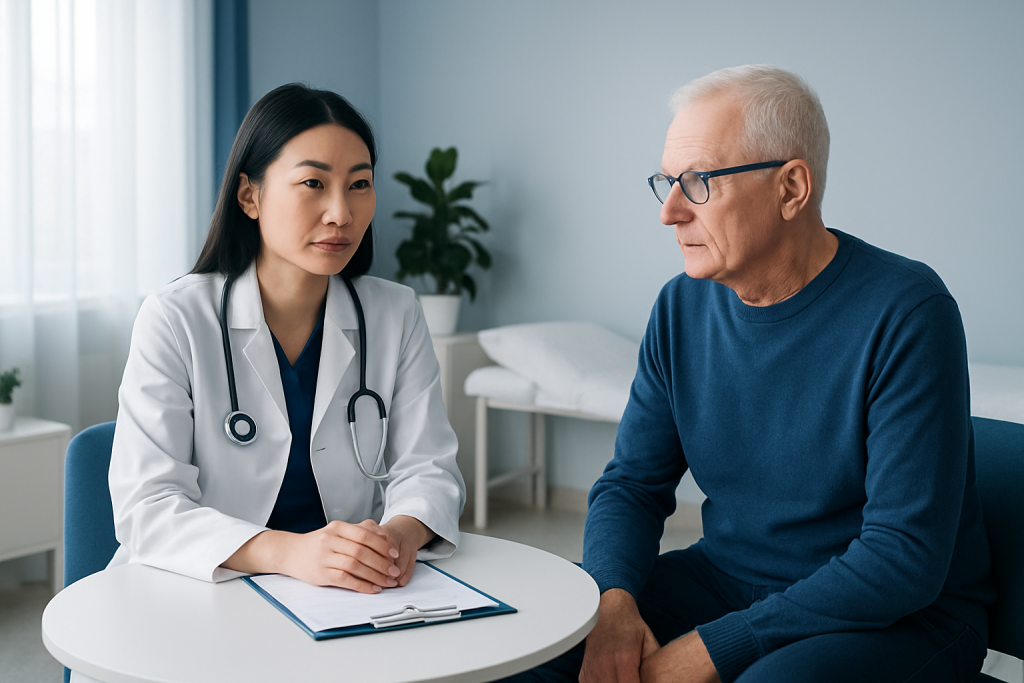 Doctor consulting elderly male patient in a hospital room.