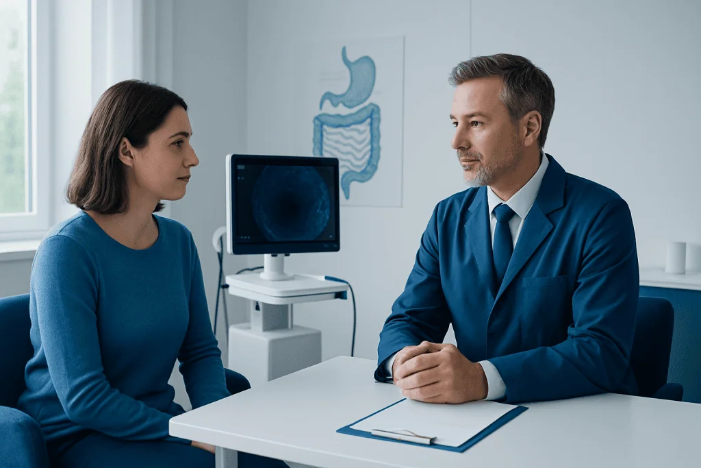 Doctor consulting with patient about endoscopy procedure in clinic.