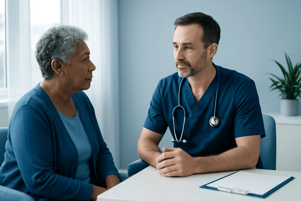 Doctor consulting with an elderly female patient in a medical office.