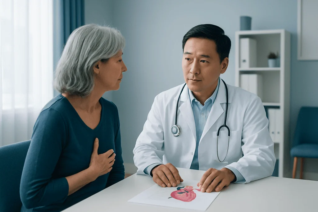 Doctor discussing breast health with an older female patient in a clinic.