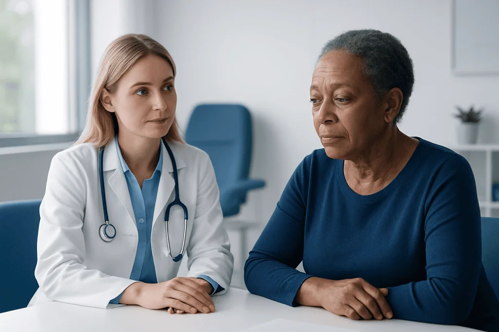 Doctor consulting with an elderly patient in a medical office.