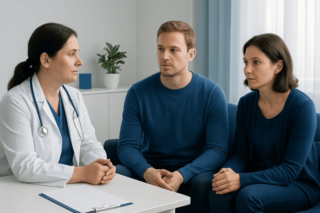 Doctor discussing PET scan radiation exposure with patients in a consultation room.