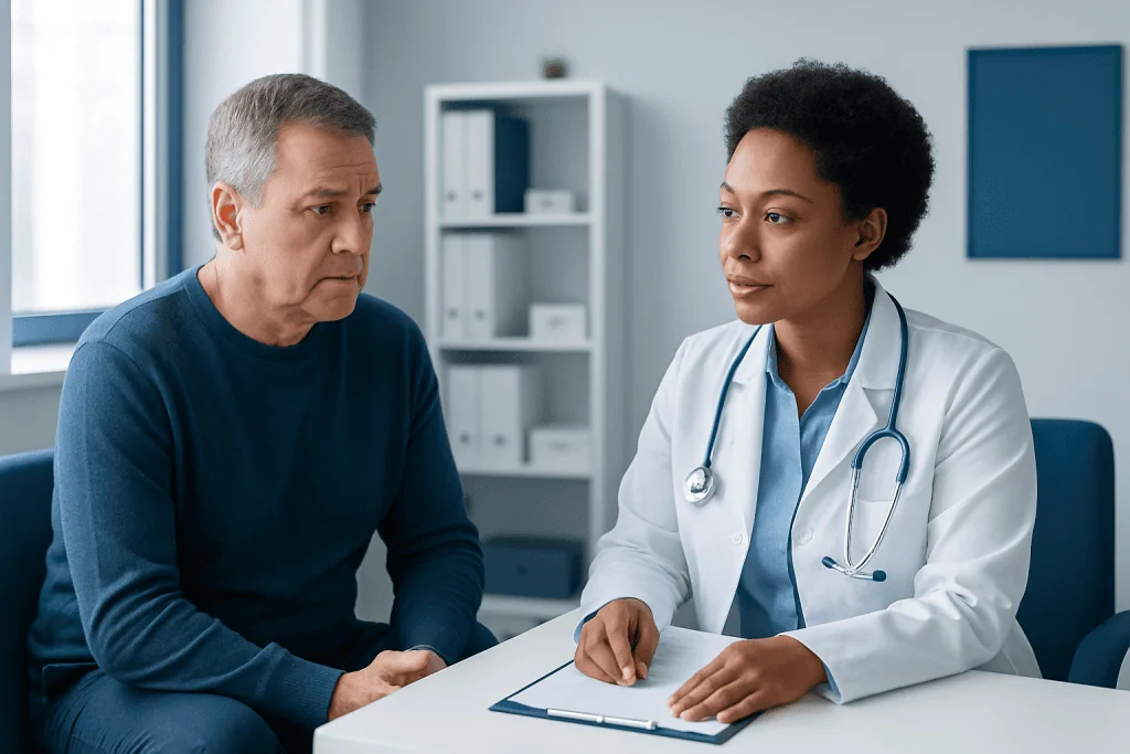 Doctor consulting with a male patient in a medical office.
