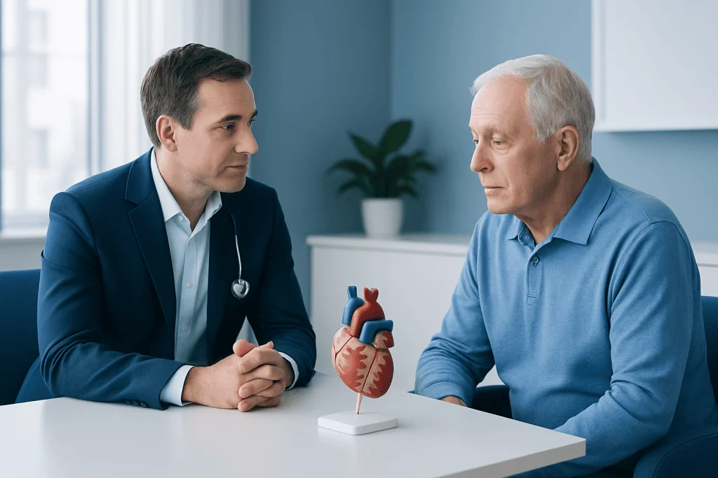 Doctor explaining heart health to senior patient with heart model.