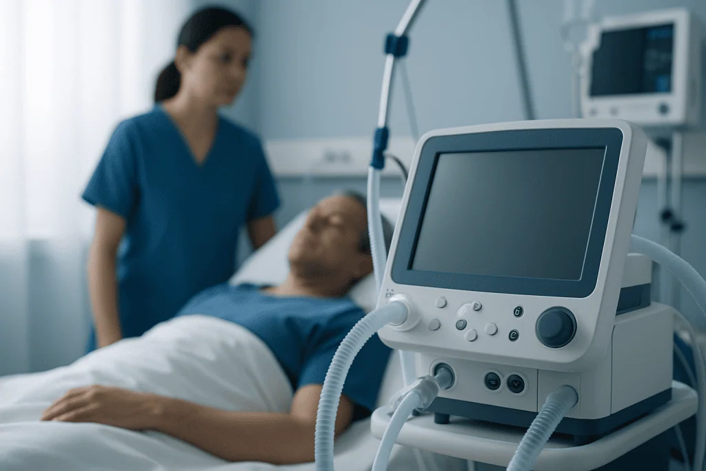 Hospital patient monitor in a medical care setting with a patient and nurse.