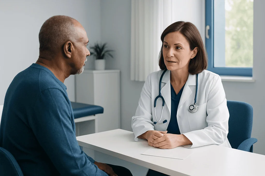 Doctor consulting with patient in a medical office setting.