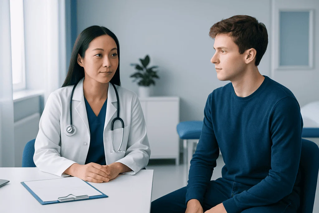 Doctor consulting with a male patient in a modern clinic setting.