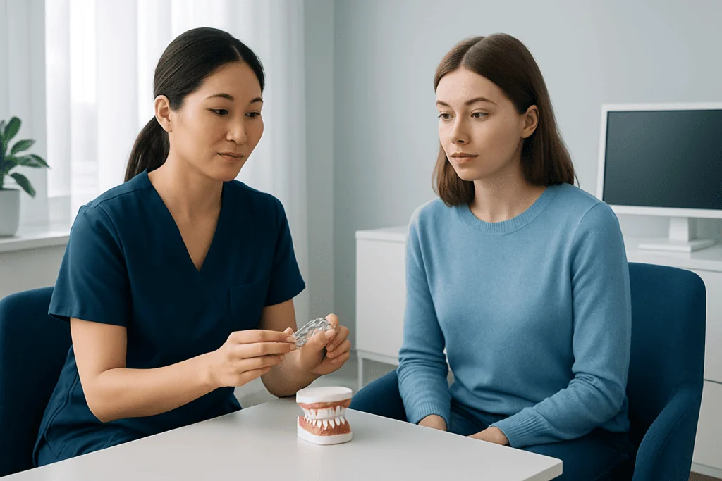 Dentist explaining Invisalign elastics to a patient in a clinic setting.