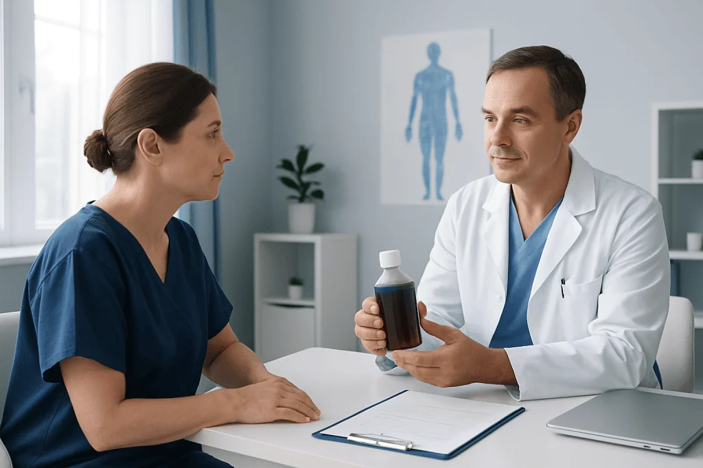 Doctor explaining iodine medication to patient in a medical consultation.