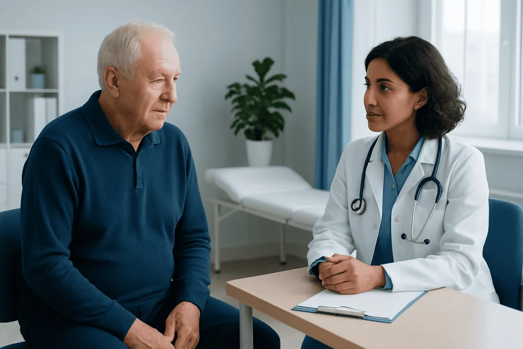Doctor consulting with elderly patient in a medical office.