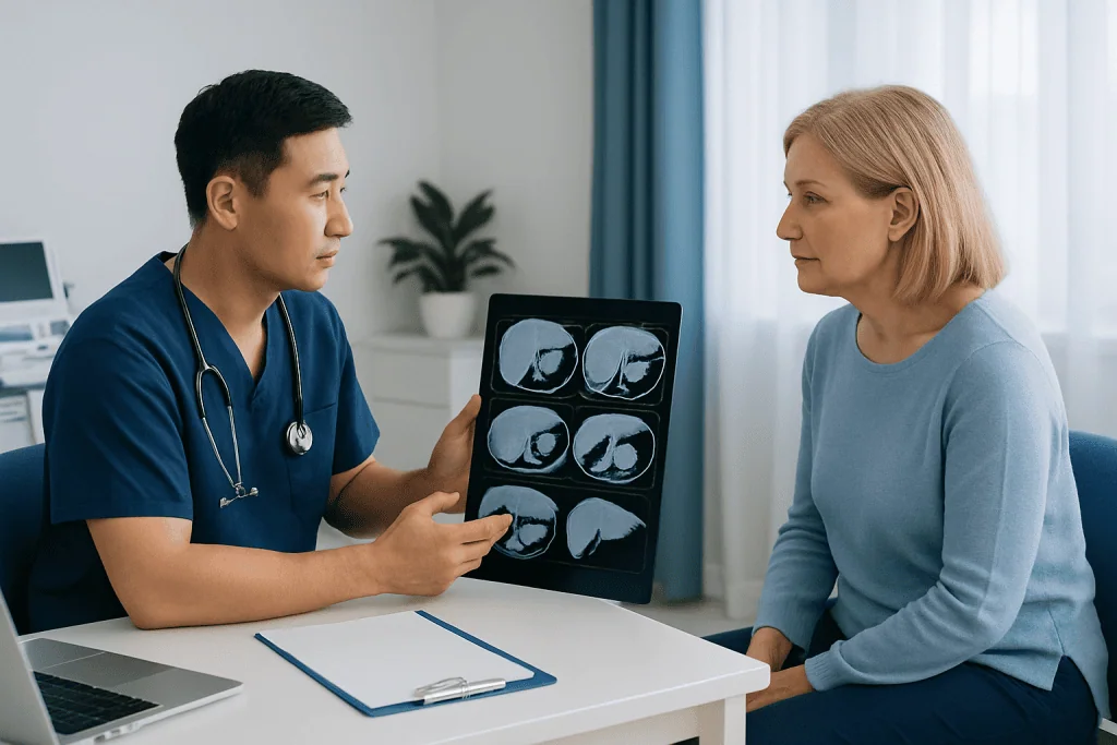 Doctor explains liver CT scan images to a patient in a medical consultation.