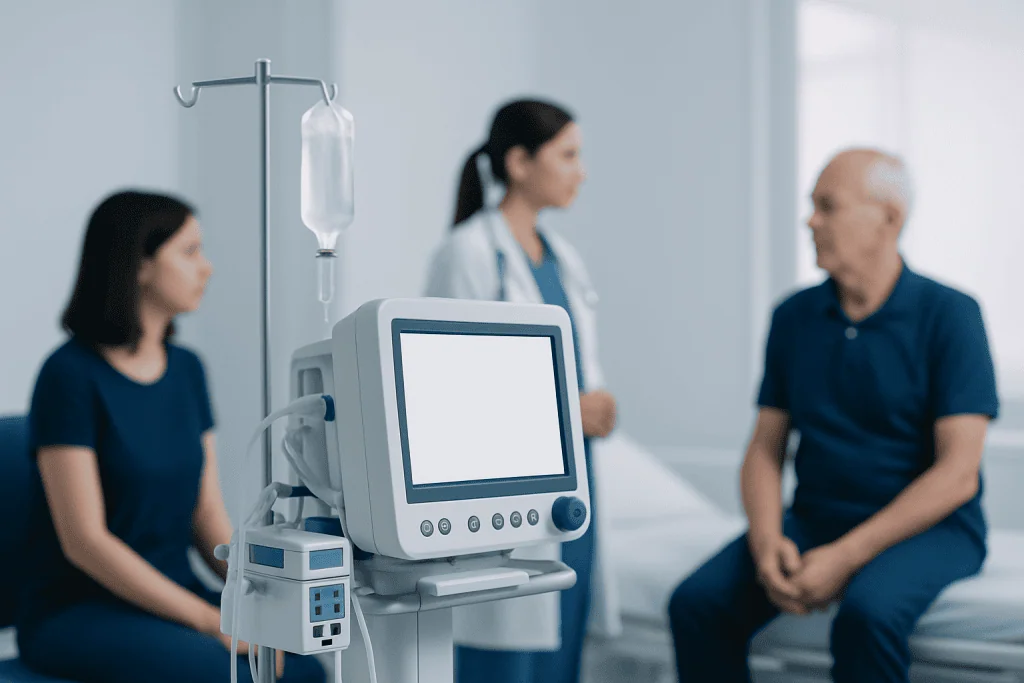 Medical consultation with a doctor and two patients in a hospital room.