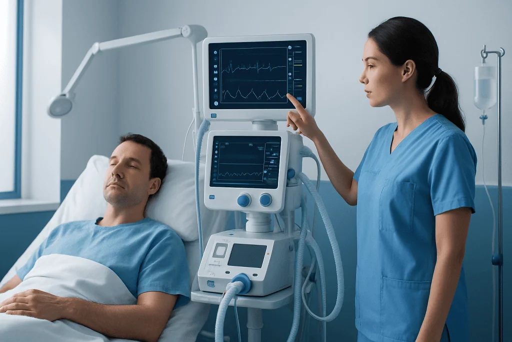 Medical professional monitoring patient with vital signs in hospital room.