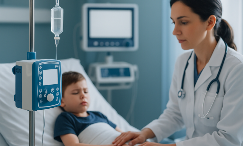 Pediatric doctor examining a young patient in hospital bed with IV drip.