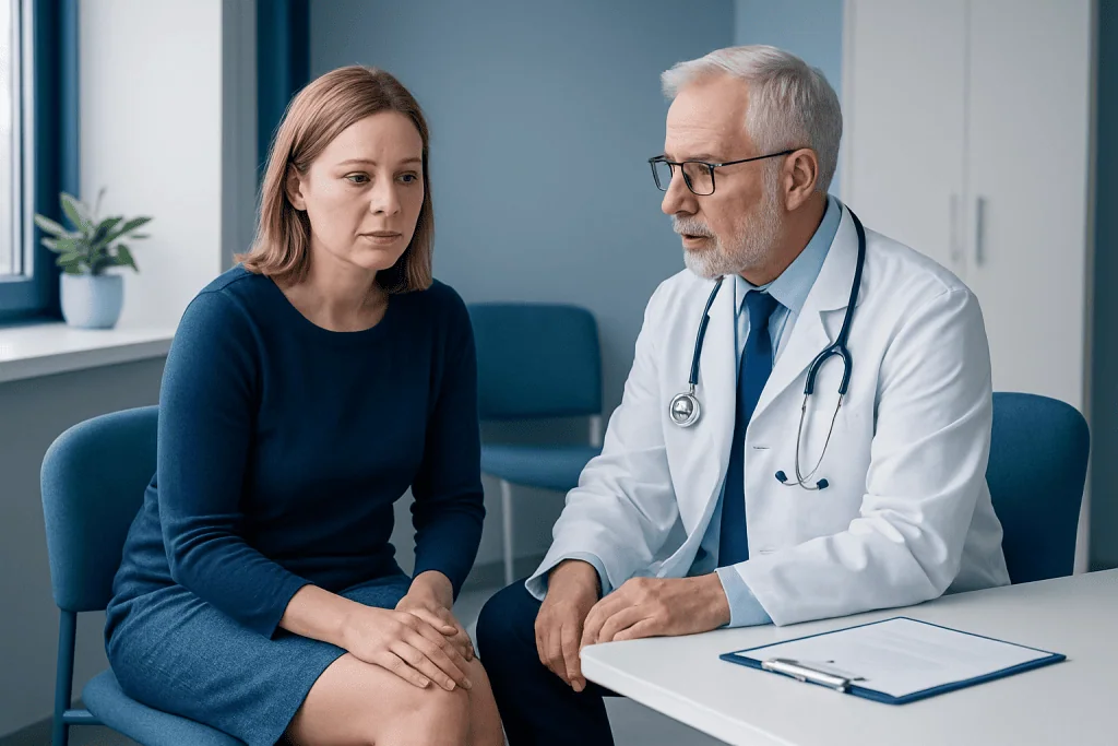 Doctor consulting with a female patient in a medical office.