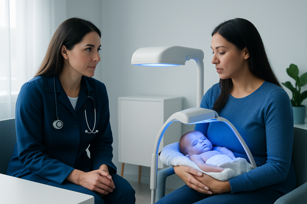Newborn under blue light therapy for jaundice treatment in hospital.