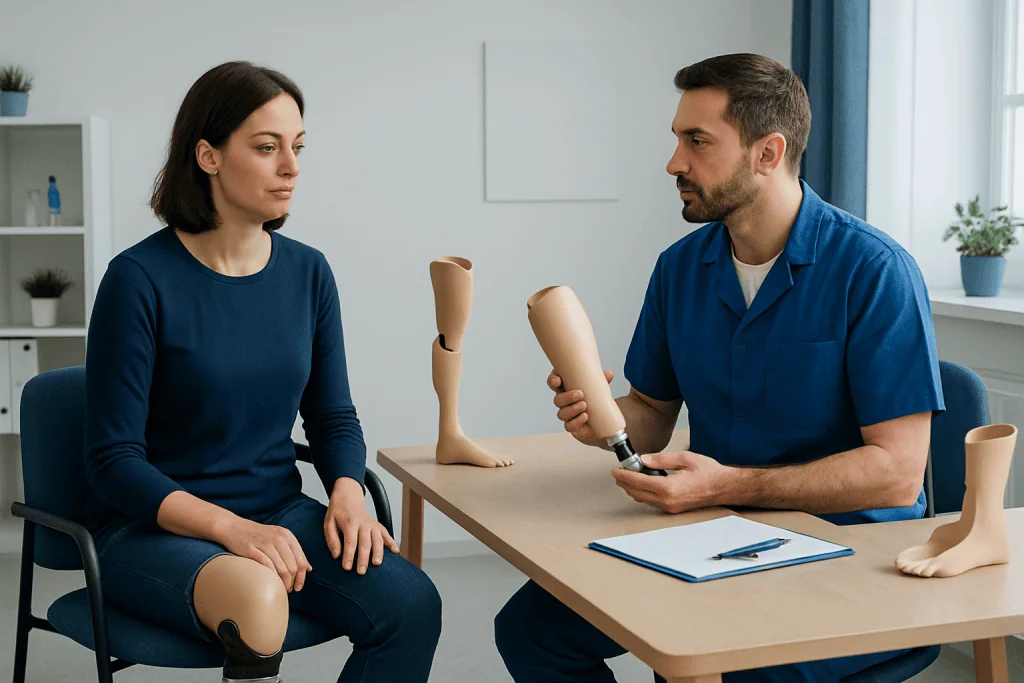 Orthotist explaining prosthetic limb options to patient in clinic setting.