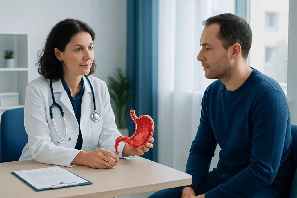Doctor explaining stomach anatomy to patient during consultation at Acibadem Hospital.