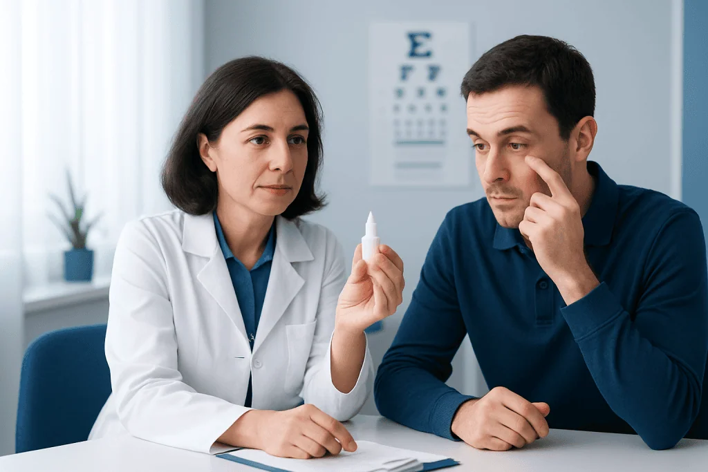 Optometrist explains eye drops to patient during consultation at clinic.