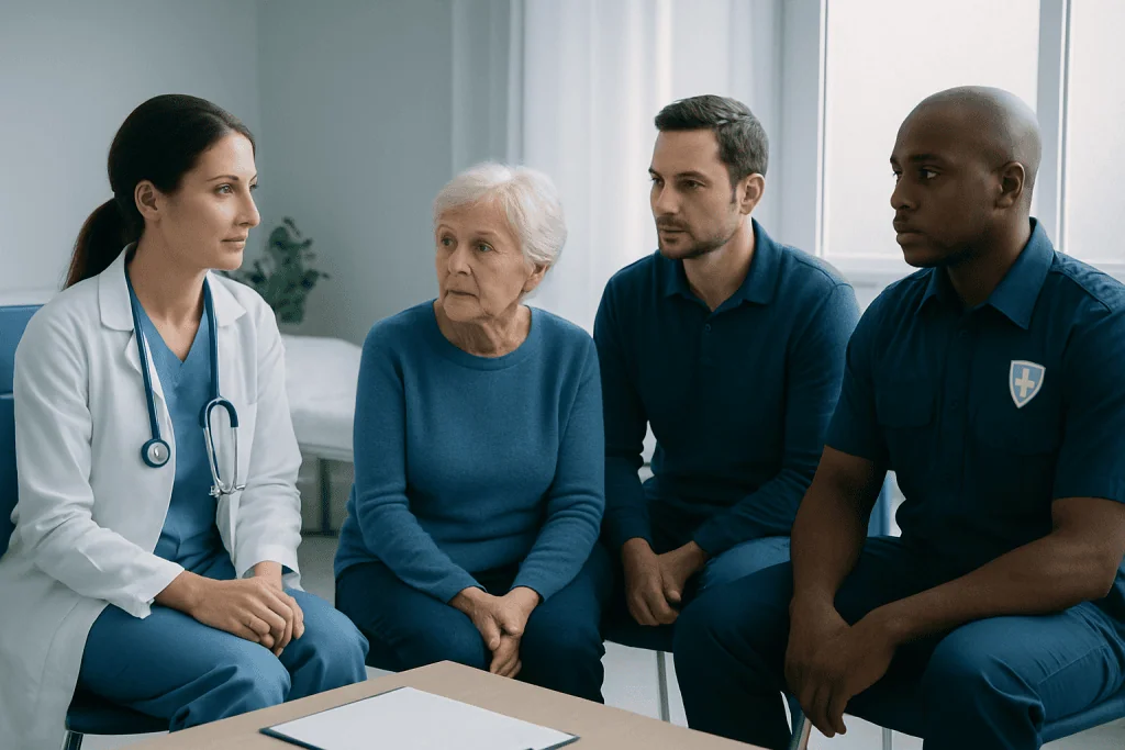 Medical team consulting with elderly patient in hospital setting.