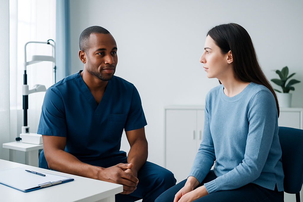 Doctor consulting with a female patient in a modern clinic setting.