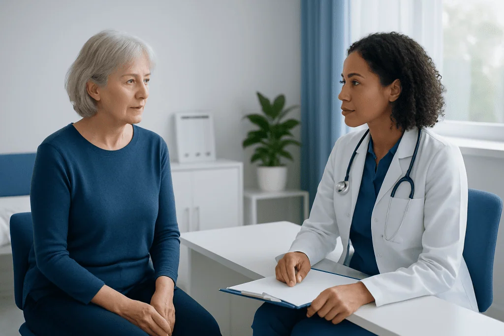 Doctor consulting with an elderly woman in a medical office.